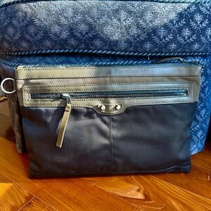 Authentic Balenciaga Black & Olive Clip L Clutch Canvas Leather Bag